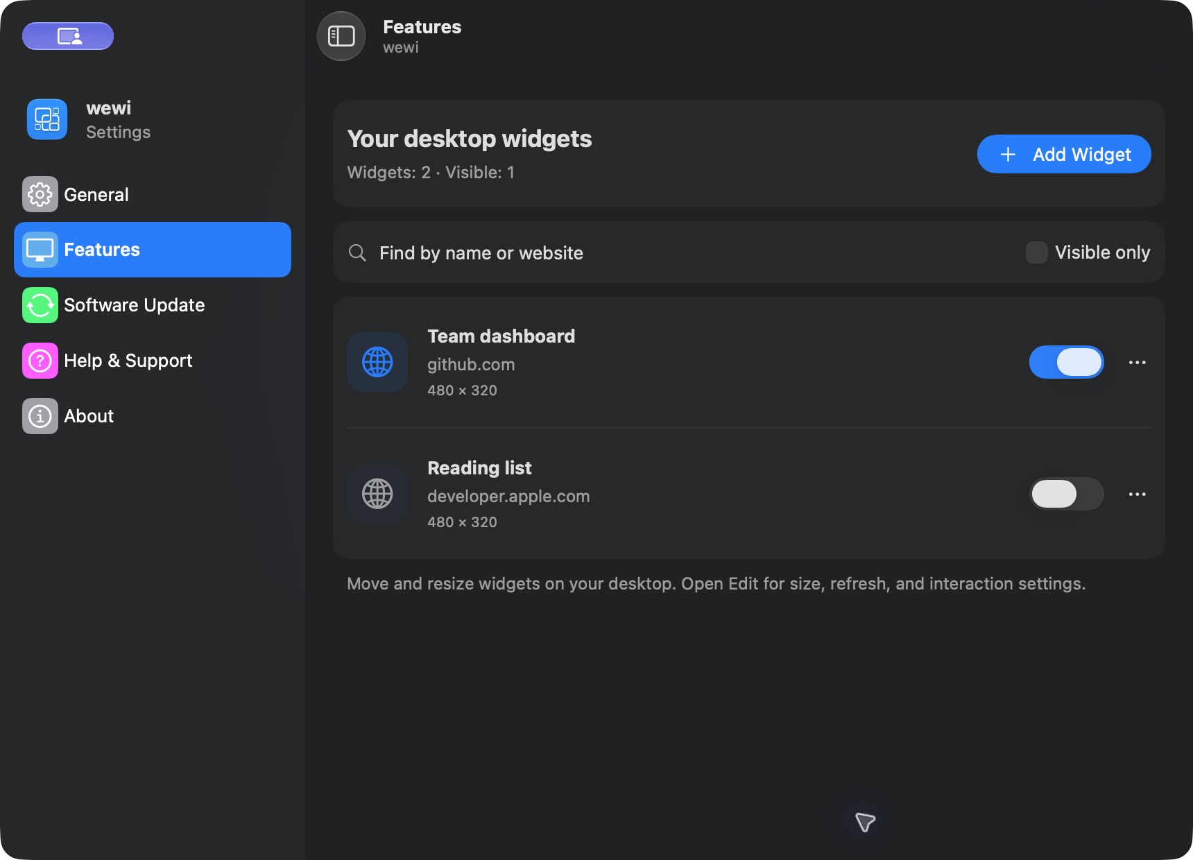 wewi for macOS: the Features settings page showing Team dashboard and Reading list website widgets